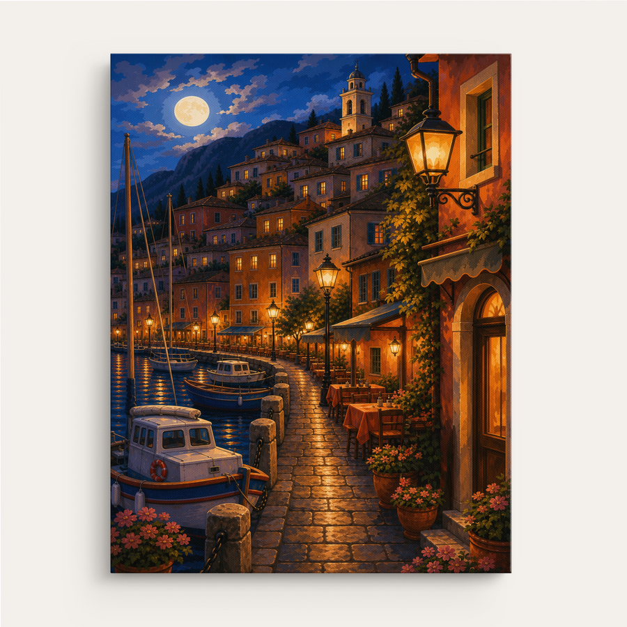 Mediterranean Night Glow paint by numbers kit gift canvas mockup