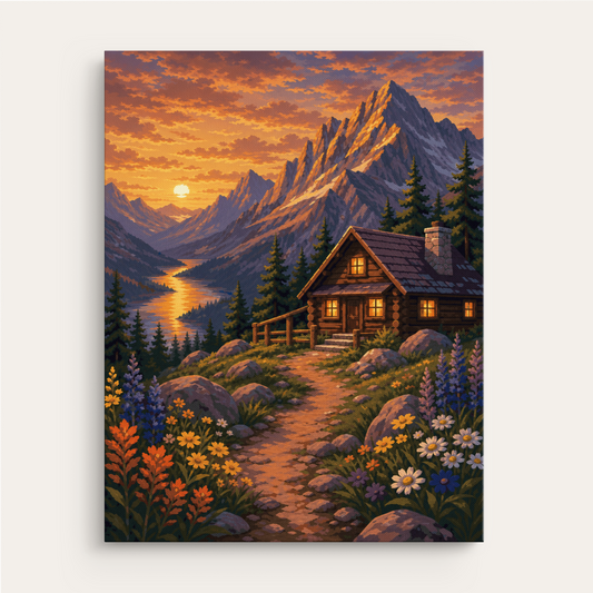 Alpine Flower Trail Cabin paint by numbers kit gift canvas mockup
