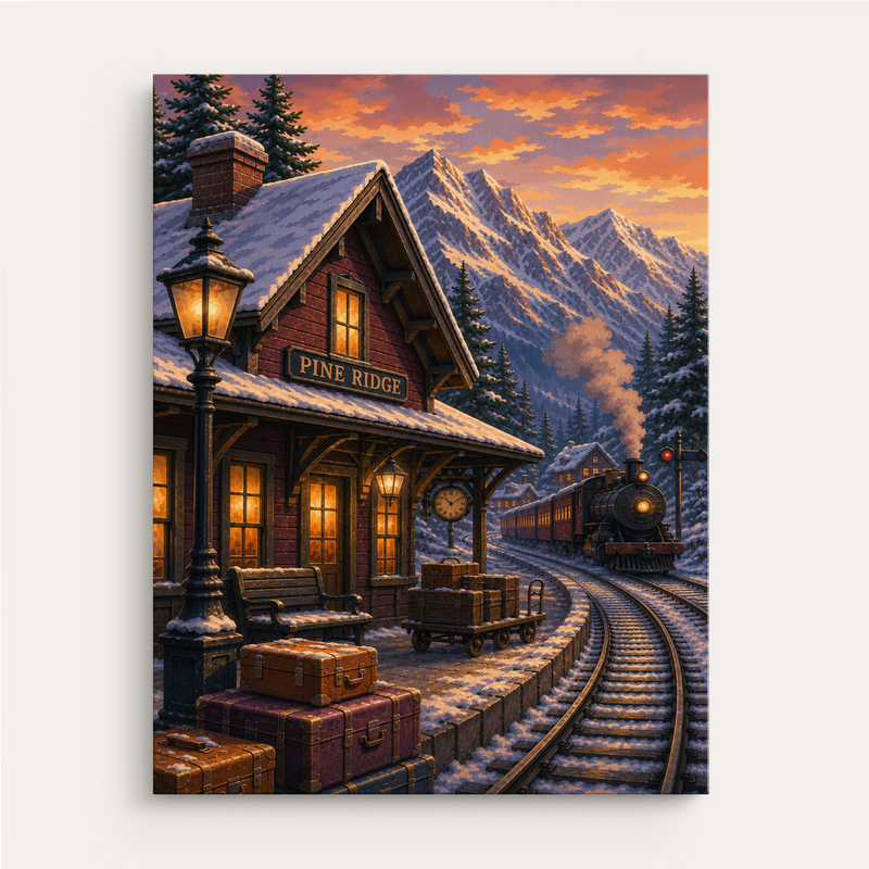 Cozy Mountain Station paint by numbers kit gift canvas mockup