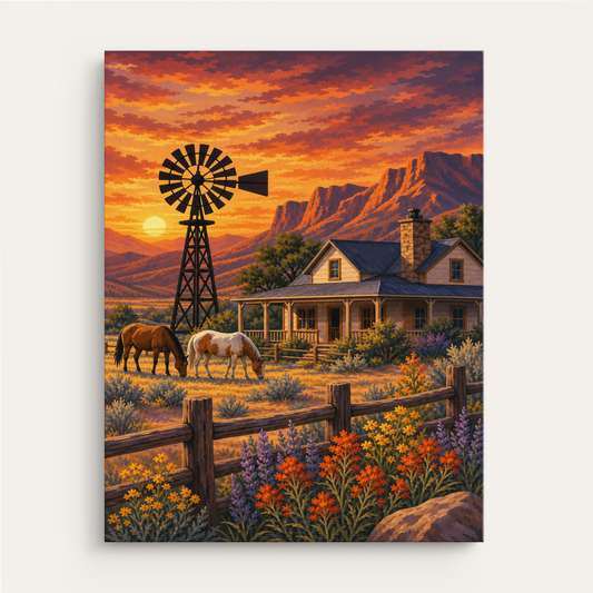 Frontier Ranch at Dawn paint by numbers kit gift canvas mockup