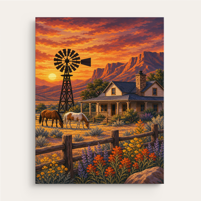 Frontier Ranch at Dawn paint by numbers kit gift canvas mockup
