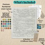 What's included with the Golden Hour Waves paint by numbers kit