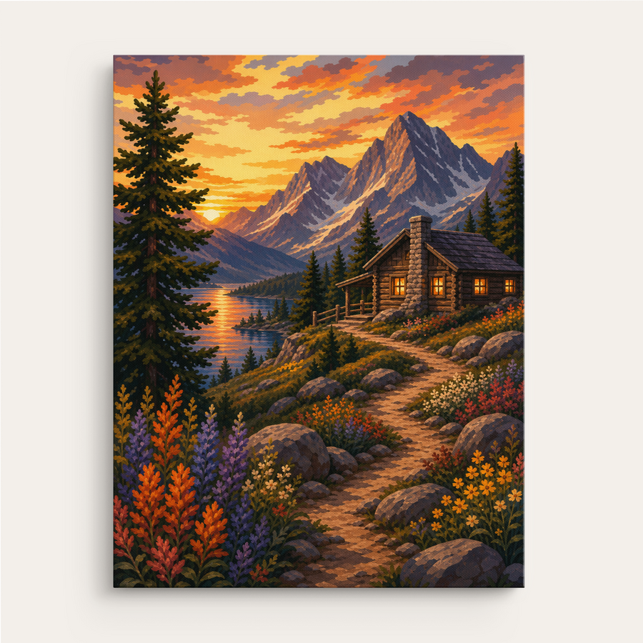 Lakeside Alpine Cabin Trail paint by numbers kit gift canvas mockup