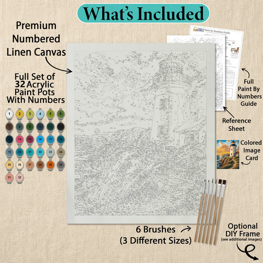 What's included with the Lighthouse Cliff paint by numbers kit