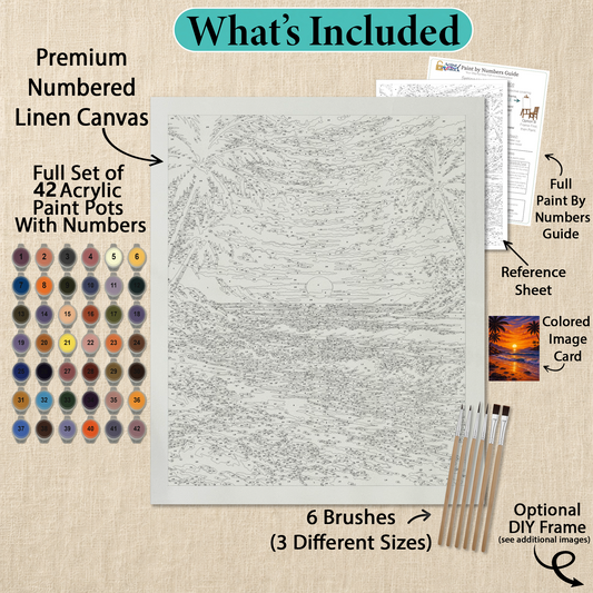 What's included with the Paradise at Sunset paint by numbers kit