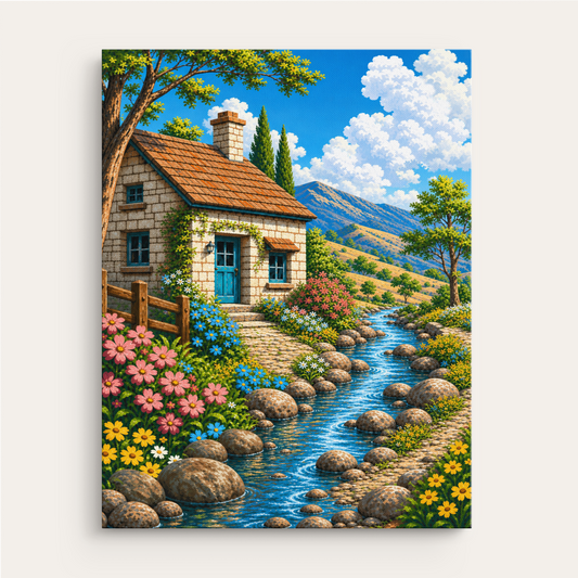Stone Cottage paint by numbers kit gift canvas mockup