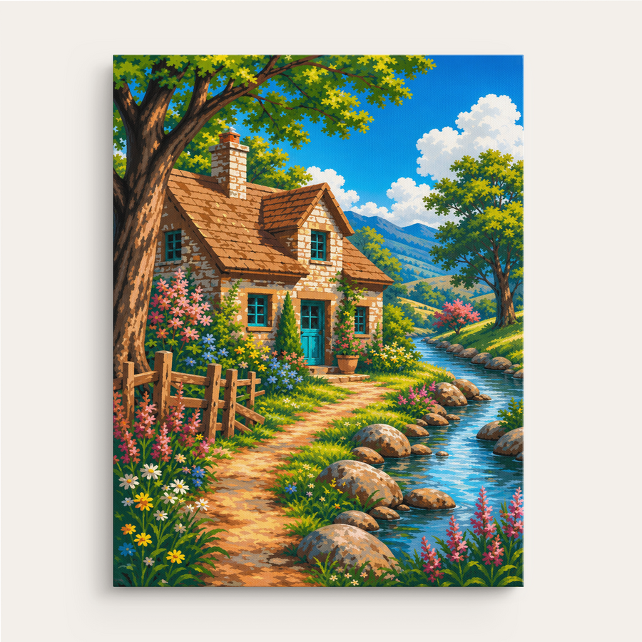Stream Cottage paint by numbers kit gift canvas mockup