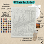 What's included with the Urban Bridge at Dusk paint by numbers kit