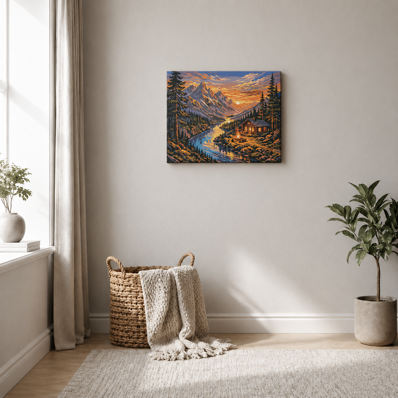 Finished paint by numbers painting displayed on wall